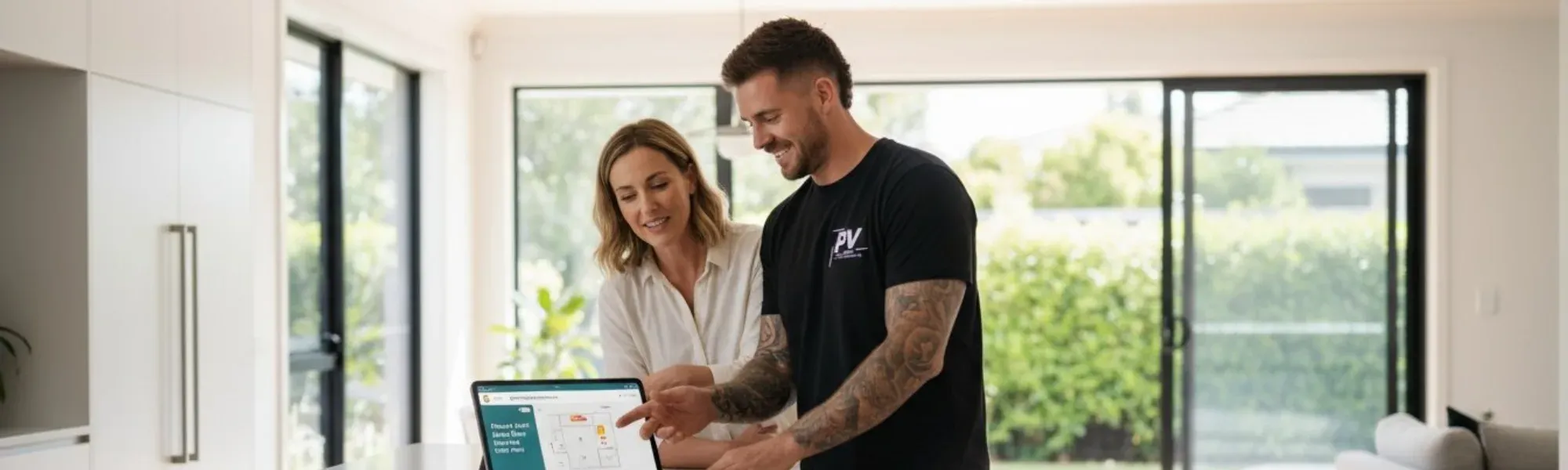 Pro Vent technician reviewing a system design with a homeowner on a laptop