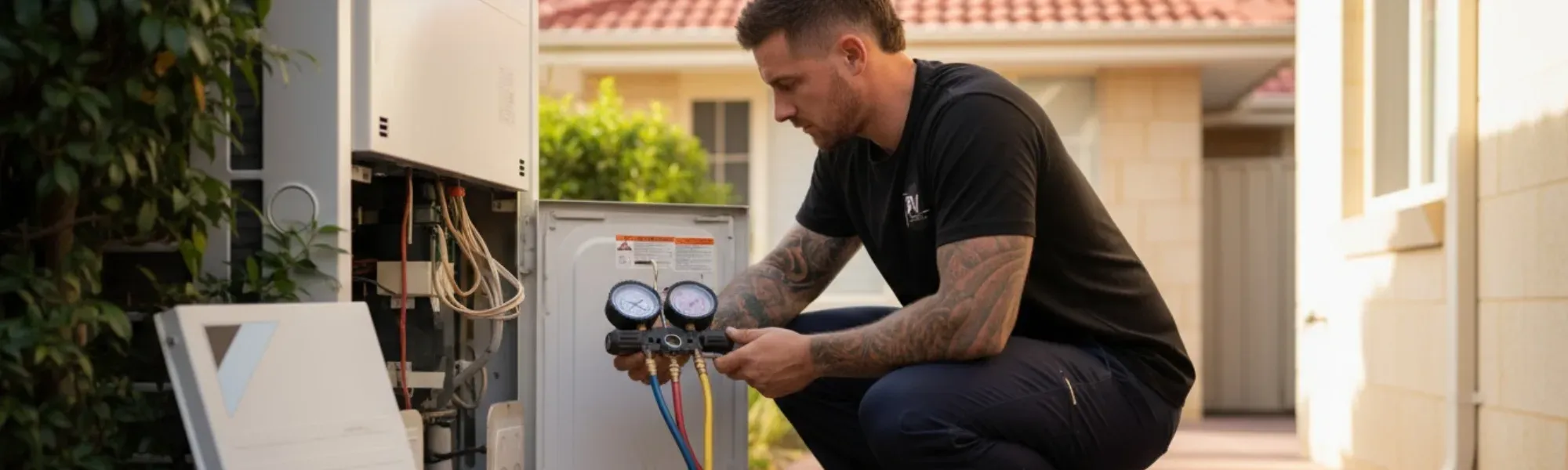 Pro Vent technician checking refrigerant pressures on an outdoor unit