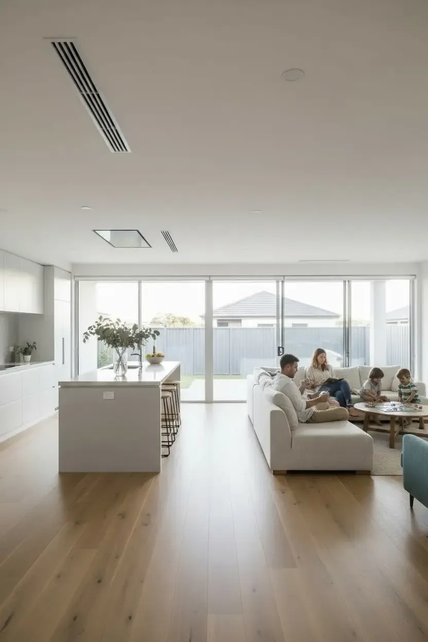 Open-plan Perth living room with slim ceiling vents from a ducted reverse cycle system