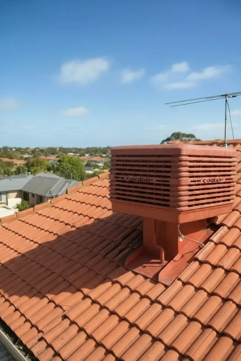 Evaporative cooler mounted on a terracotta tiled roof in Perth