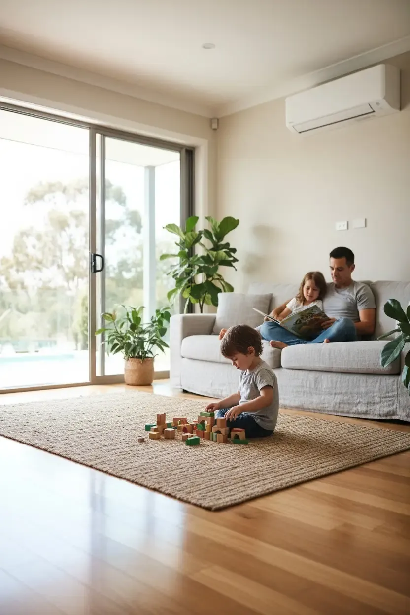 Family relaxing in a living room cooled by a wall-mounted split system