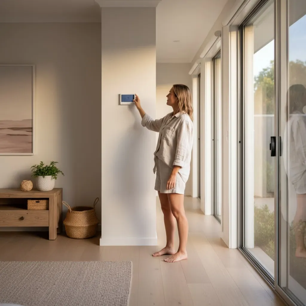 Homeowner adjusting a wall-mounted air conditioning controller