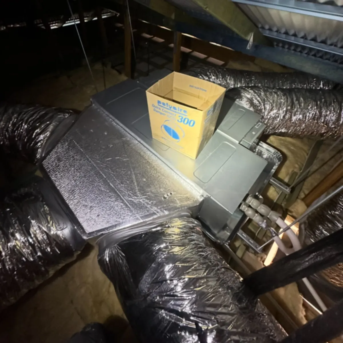 Ducted indoor unit and insulated flex ducting neatly installed in a roof space