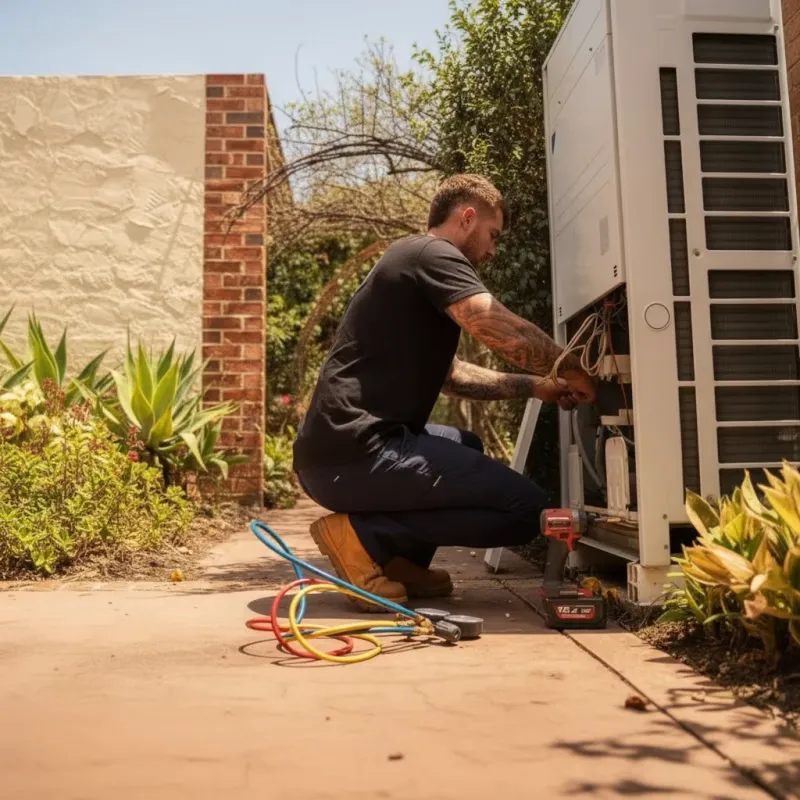 Technician crouched beside an outdoor unit with gauges connected