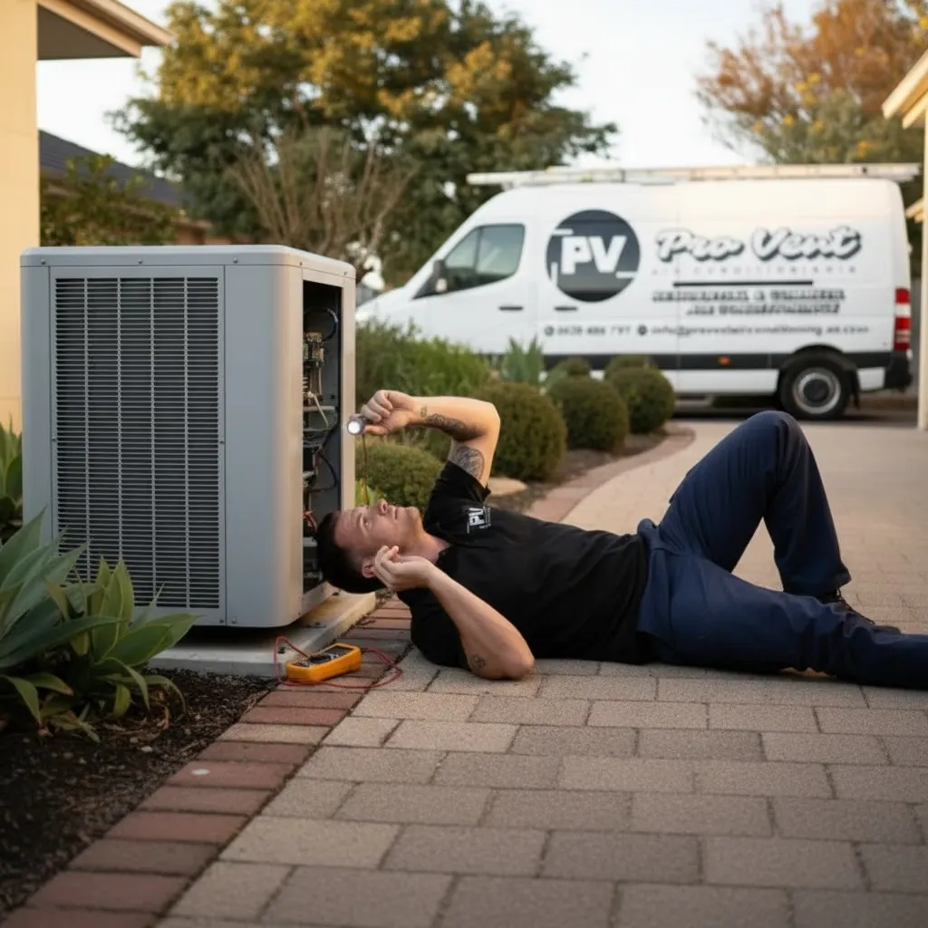 Technician testing an outdoor unit with a multimeter