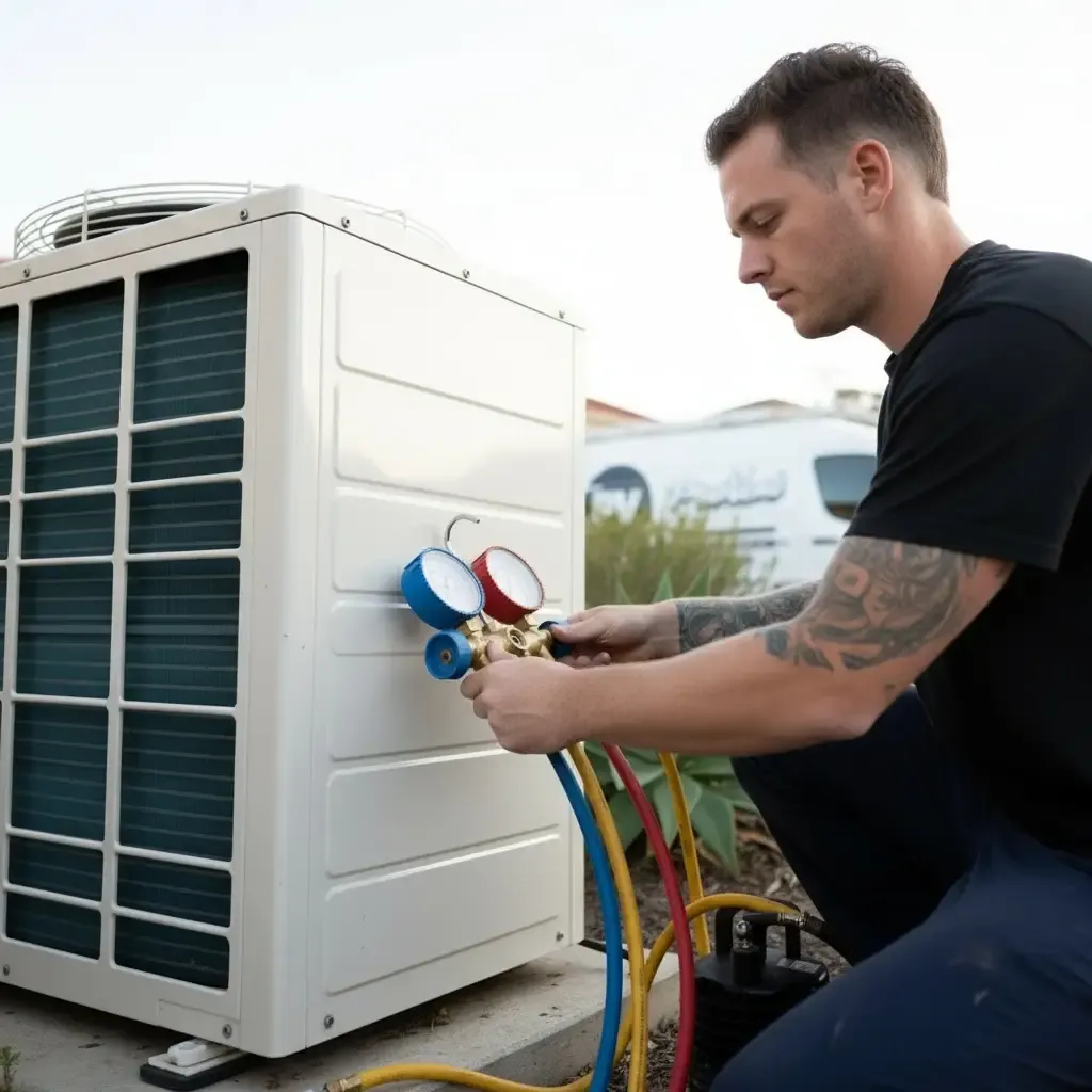 Technician connecting refrigerant gauges to an outdoor unit