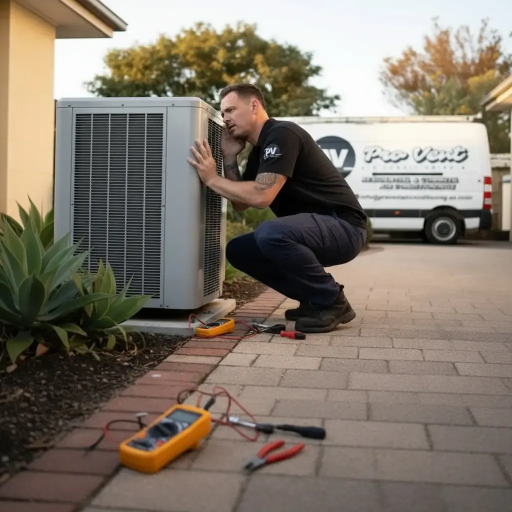 Technician inspecting underneath an outdoor unit