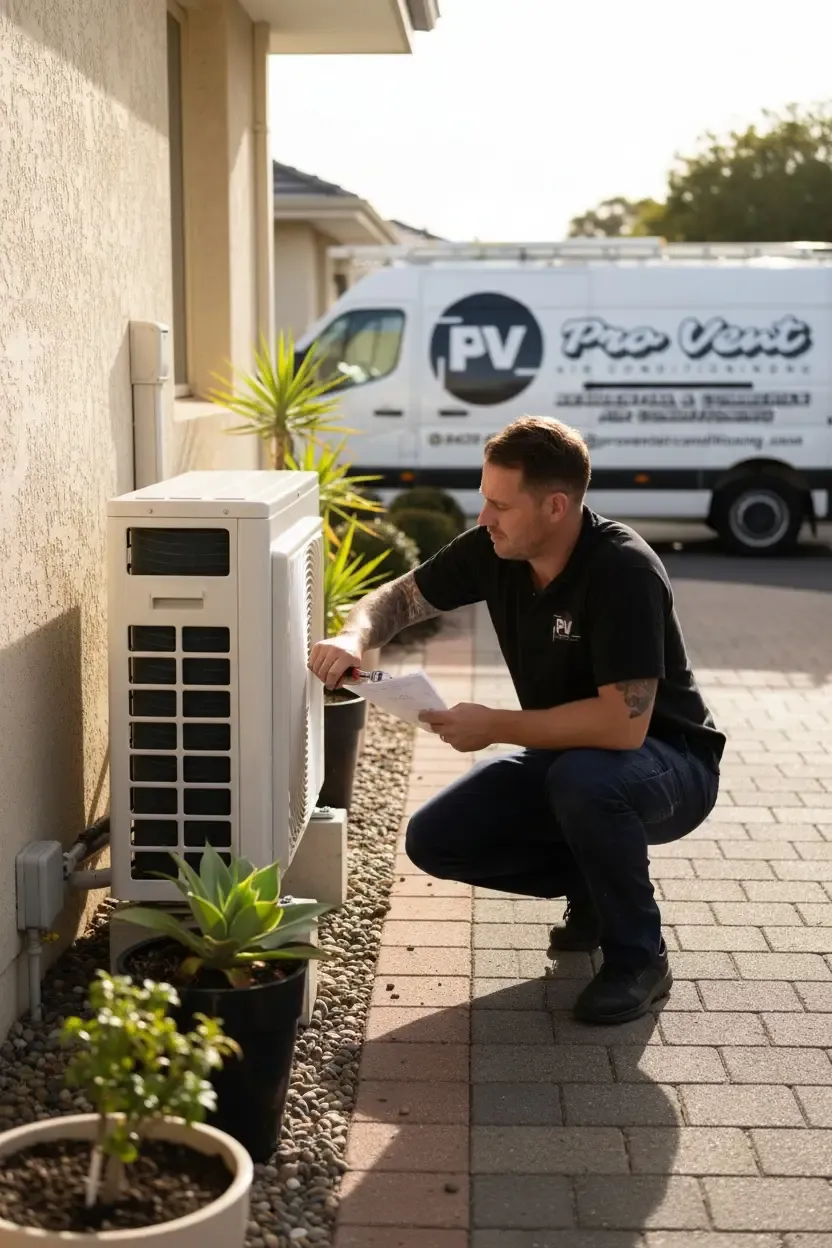 Pro Vent technician installing an outdoor unit beside a Perth home