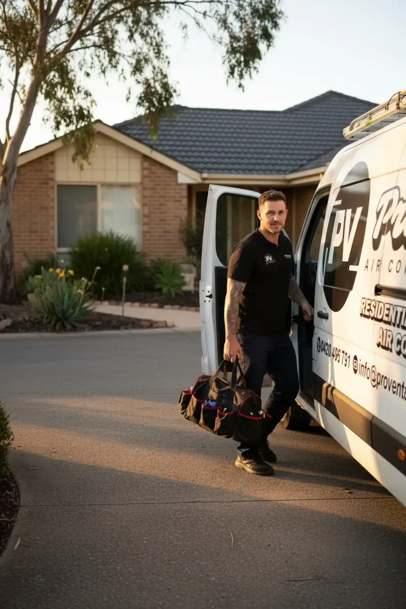 Pro Vent technician with tool bag beside the company van